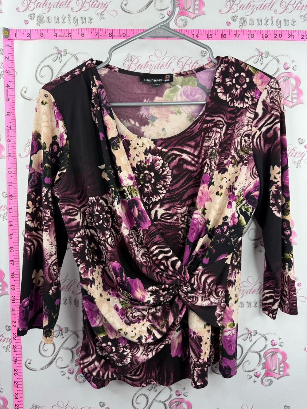 Laura Petite Purple Floral Twist-Front Long Sleeve Top